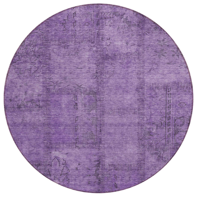8' Purple Eggplant And Gray Round Patchwork Washable Indoor Outdoor Area Rug
