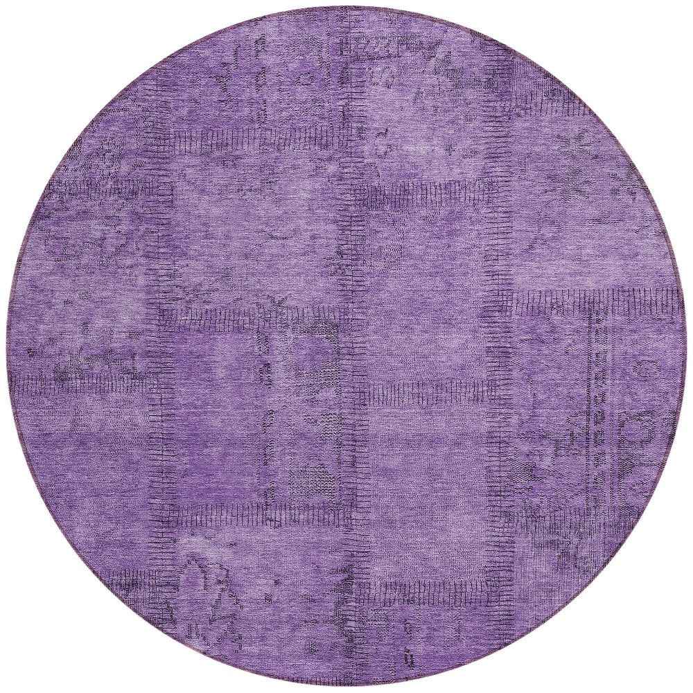8' Purple Eggplant And Gray Round Patchwork Washable Indoor Outdoor Area Rug
