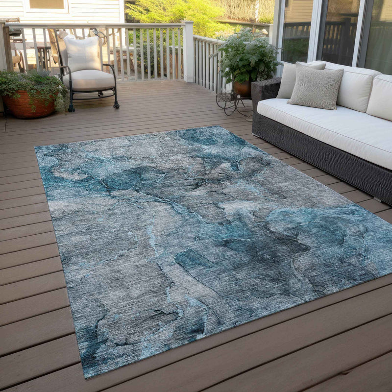 10' X 14' Teal Blue And Navy Blue Abstract Washable Indoor Outdoor Area Rug