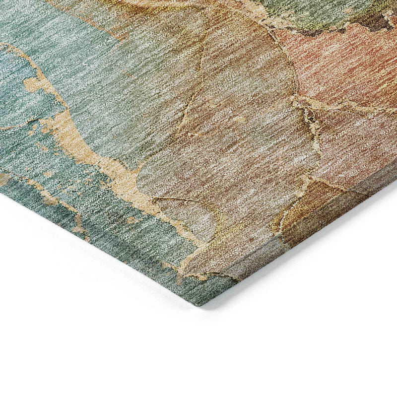 5' X 8' Copper Orange And Teal Blue Abstract Washable Indoor Outdoor Area Rug