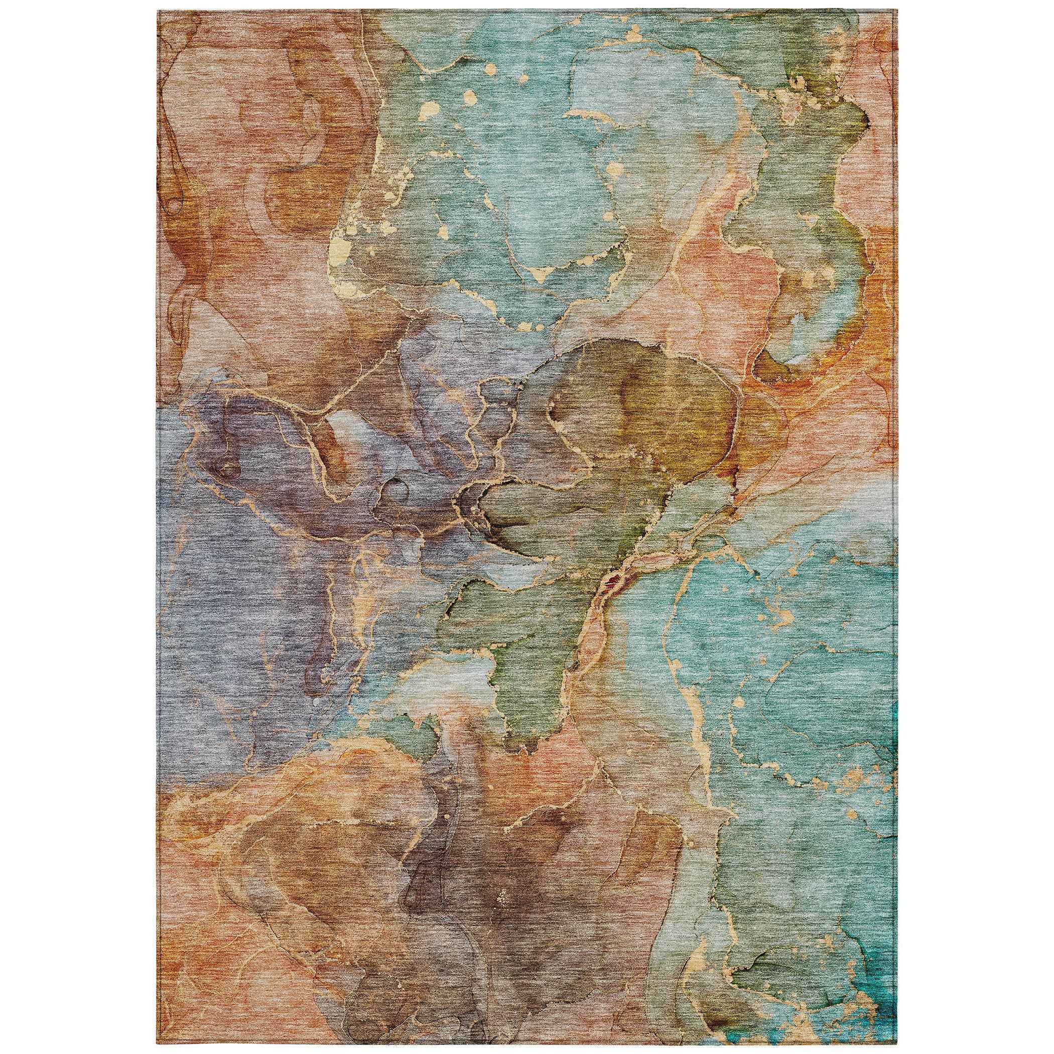 5' X 8' Copper Orange And Teal Blue Abstract Washable Indoor Outdoor Area Rug