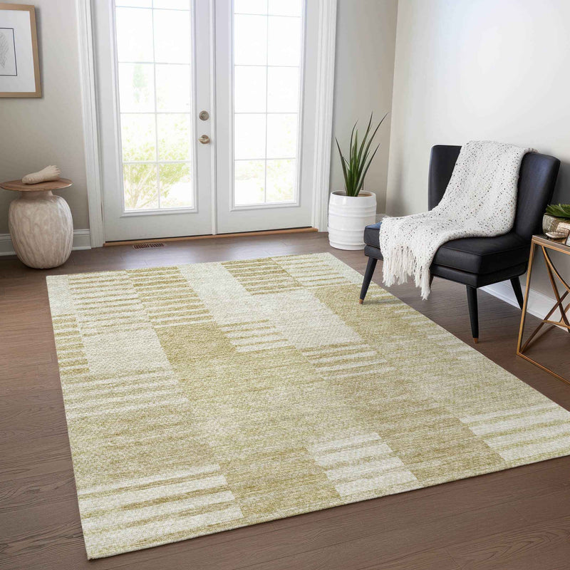 3' X 5' Beige And Ivory Striped Washable Indoor Outdoor Area Rug