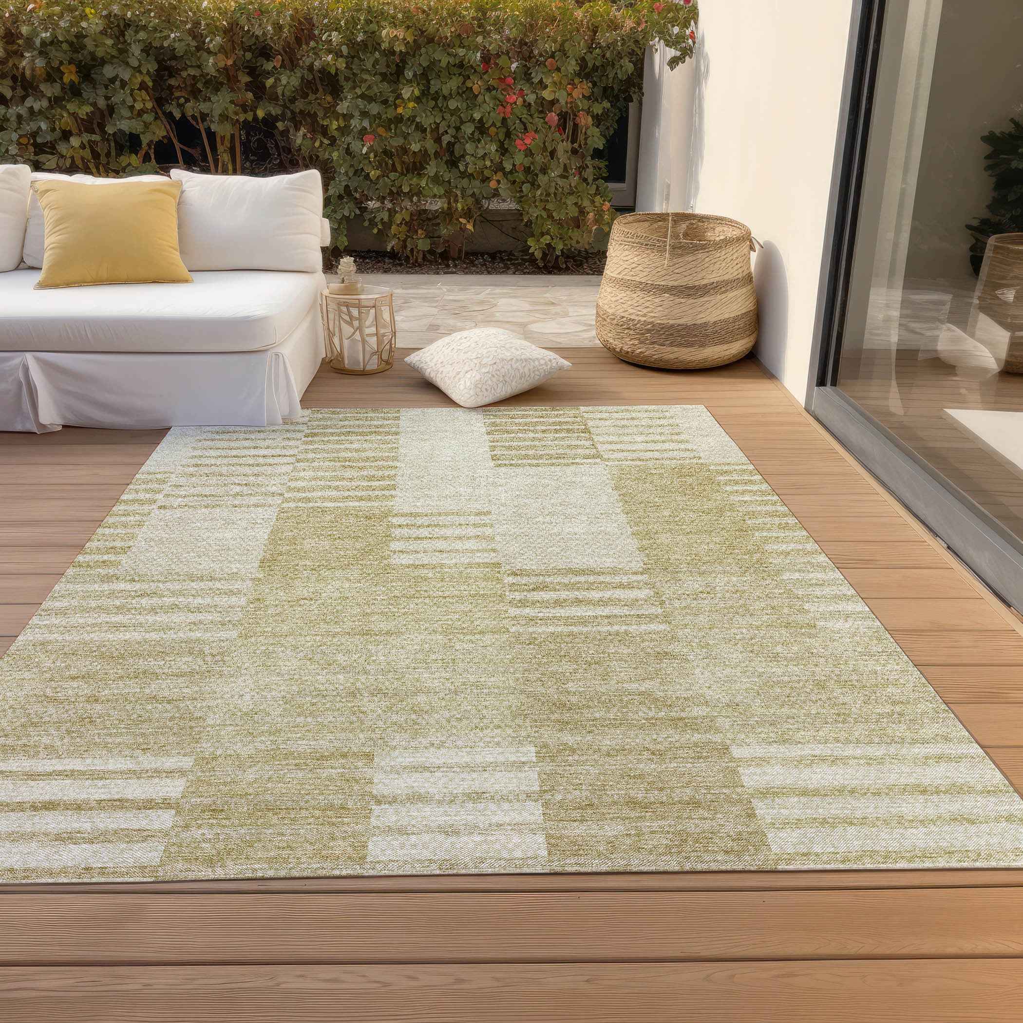 3' X 5' Beige And Ivory Striped Washable Indoor Outdoor Area Rug