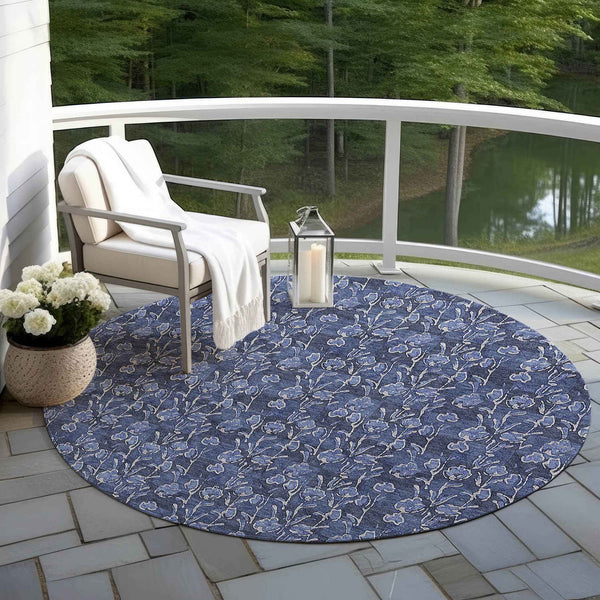 8' Navy Blue Denim Blue And Ivory Round Floral Washable Indoor Outdoor Area Rug