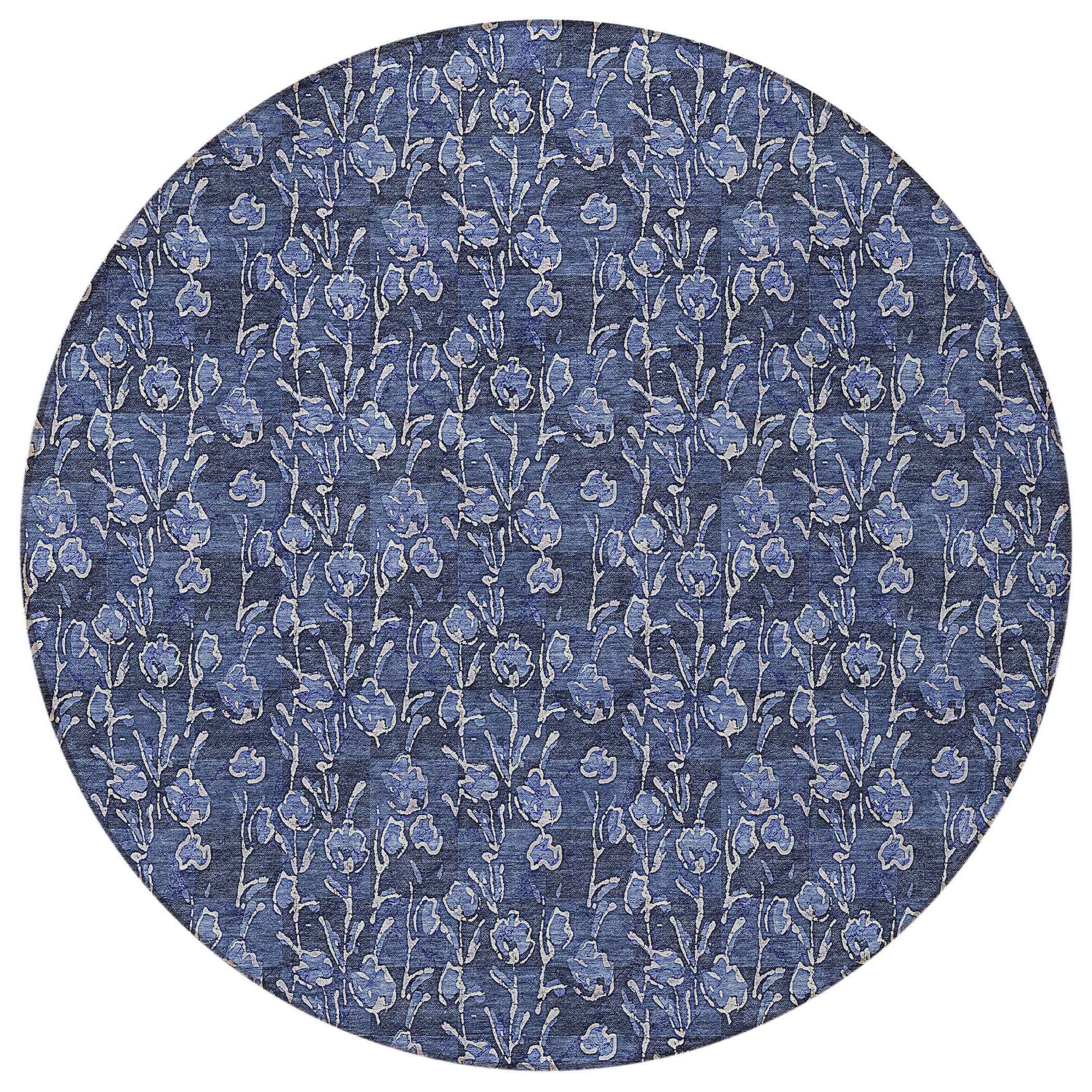 8' Navy Blue Denim Blue And Ivory Round Floral Washable Indoor Outdoor Area Rug