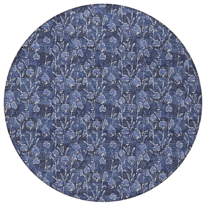 8' Navy Blue Denim Blue And Ivory Round Floral Washable Indoor Outdoor Area Rug