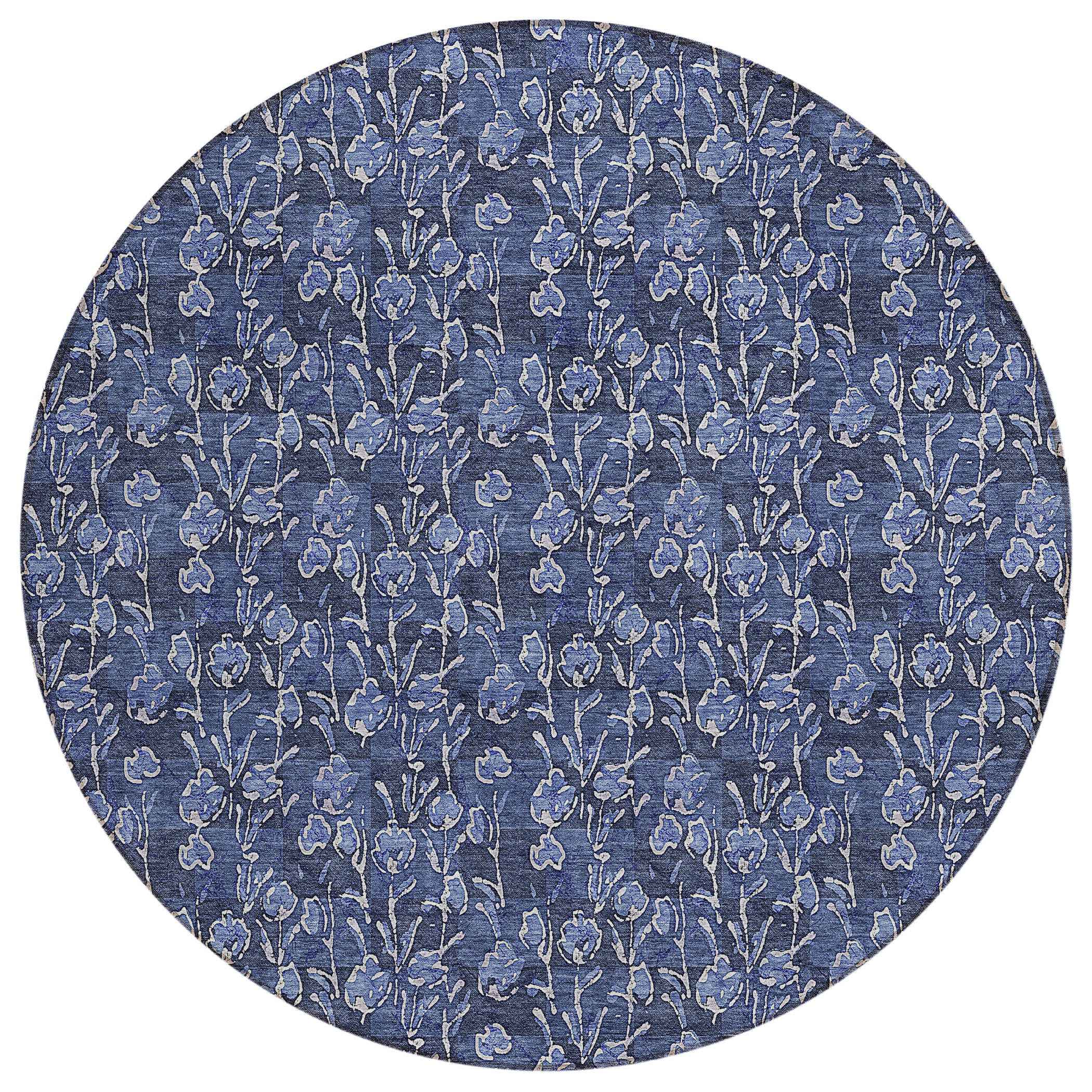 8' Navy Blue Denim Blue And Ivory Round Floral Washable Indoor Outdoor Area Rug