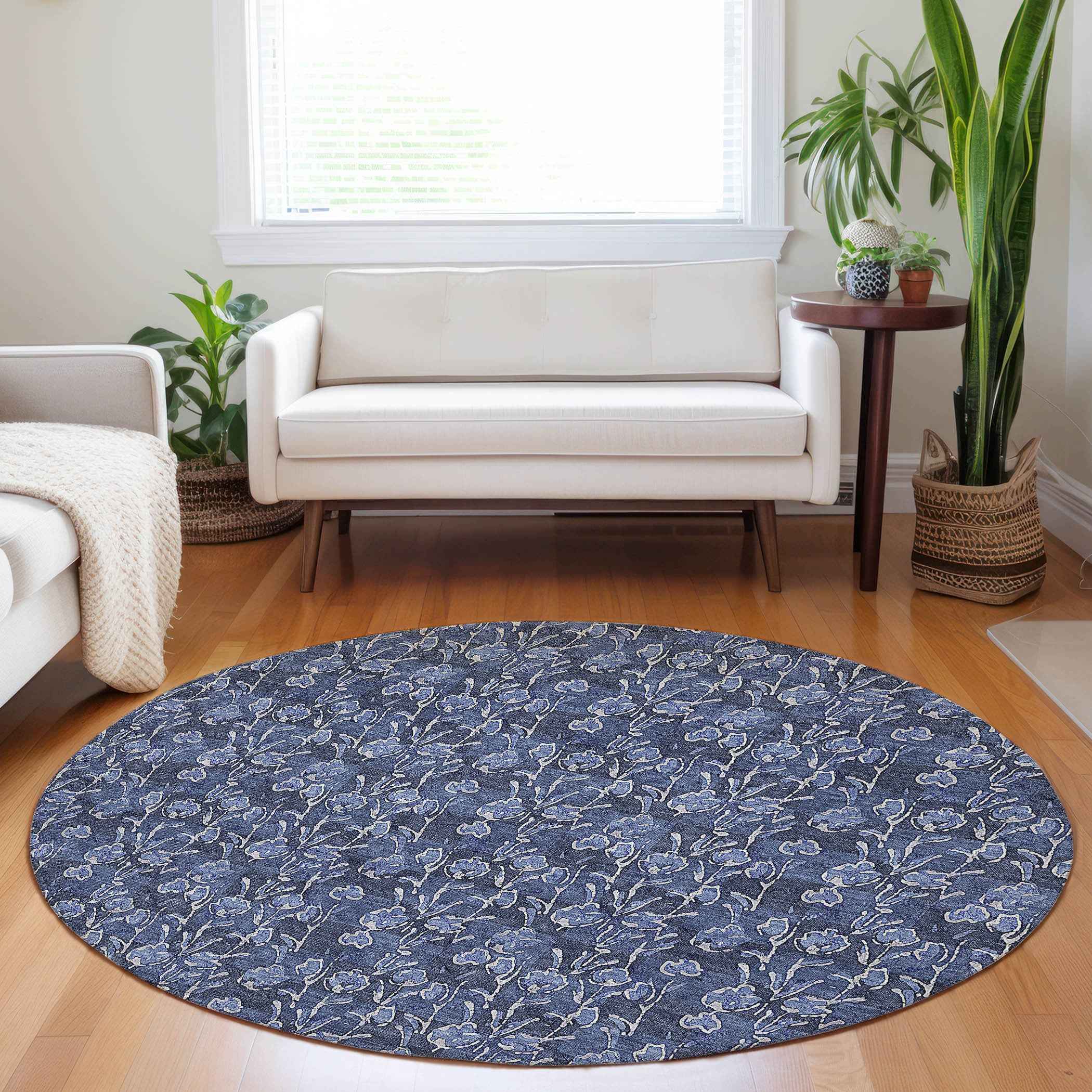 8' Navy Blue Denim Blue And Ivory Round Floral Washable Indoor Outdoor Area Rug