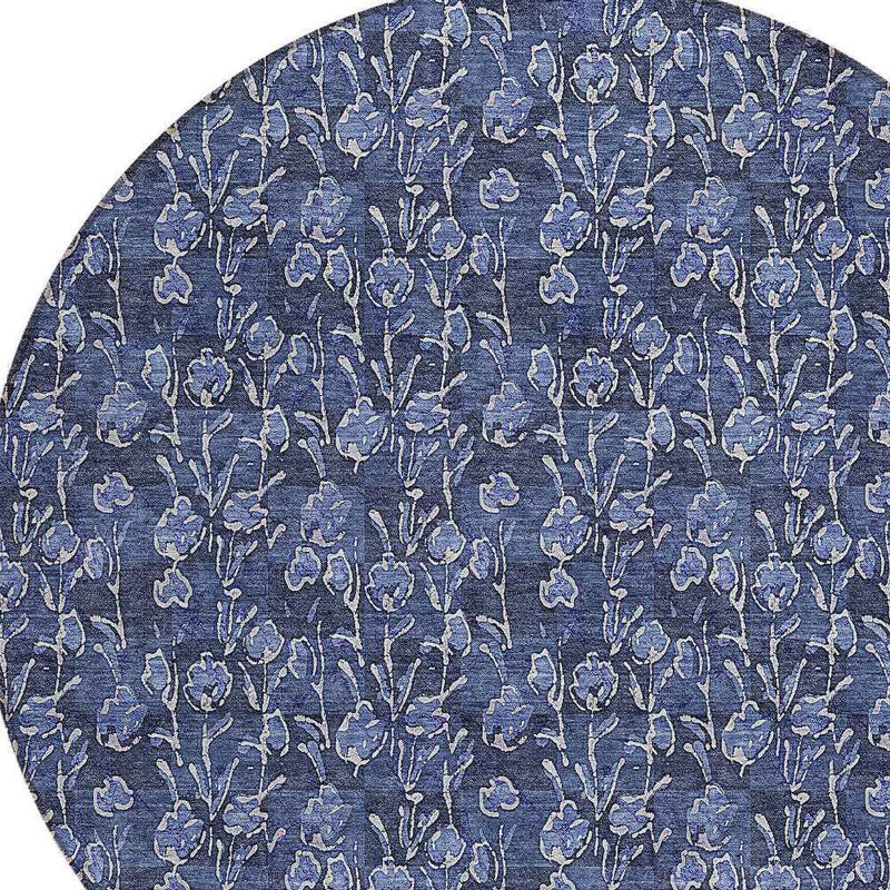 8' Navy Blue Denim Blue And Ivory Round Floral Washable Indoor Outdoor Area Rug
