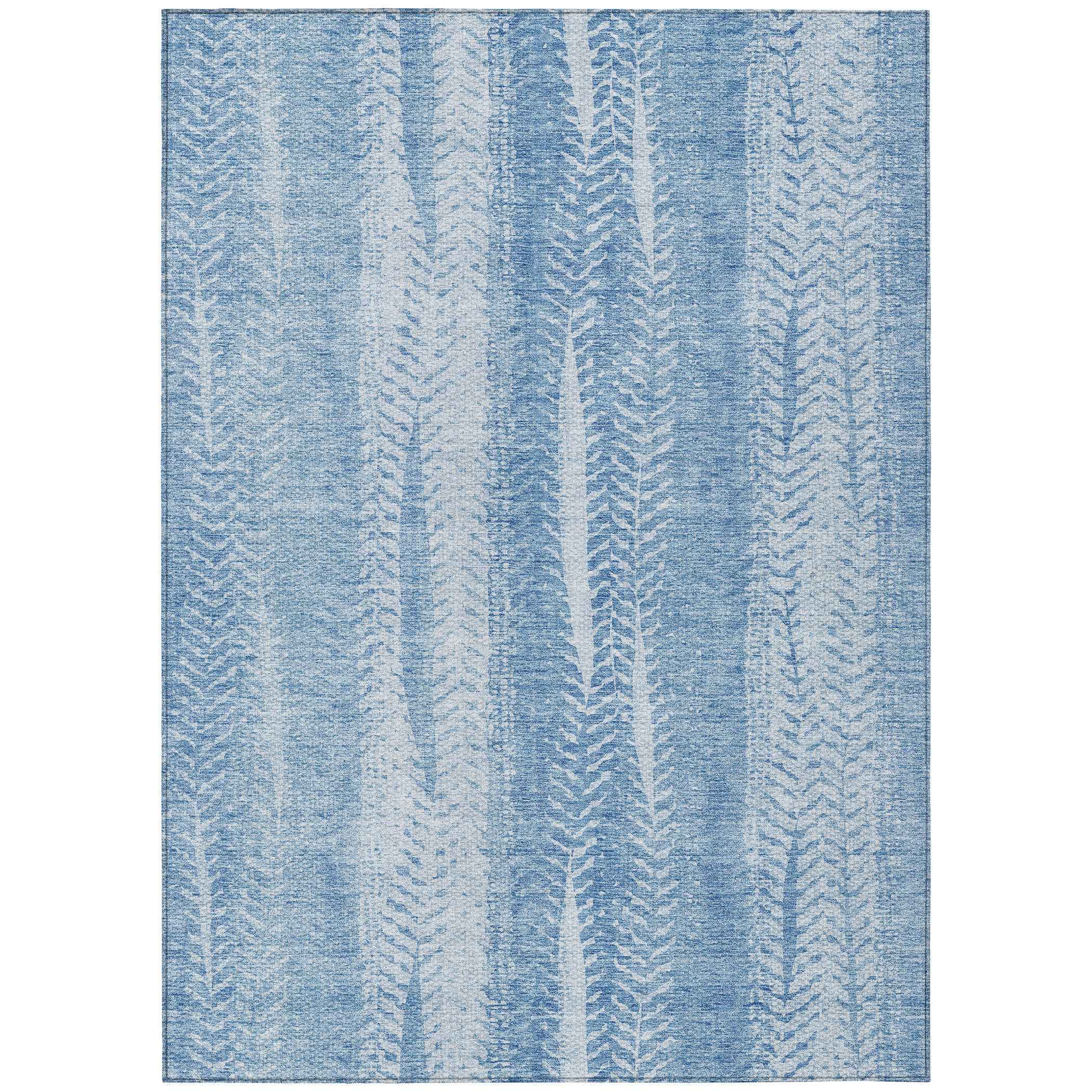 5' X 8' Sky Blue And Denim Blue Botanical Leaves Washable Indoor Outdoor Area Rug