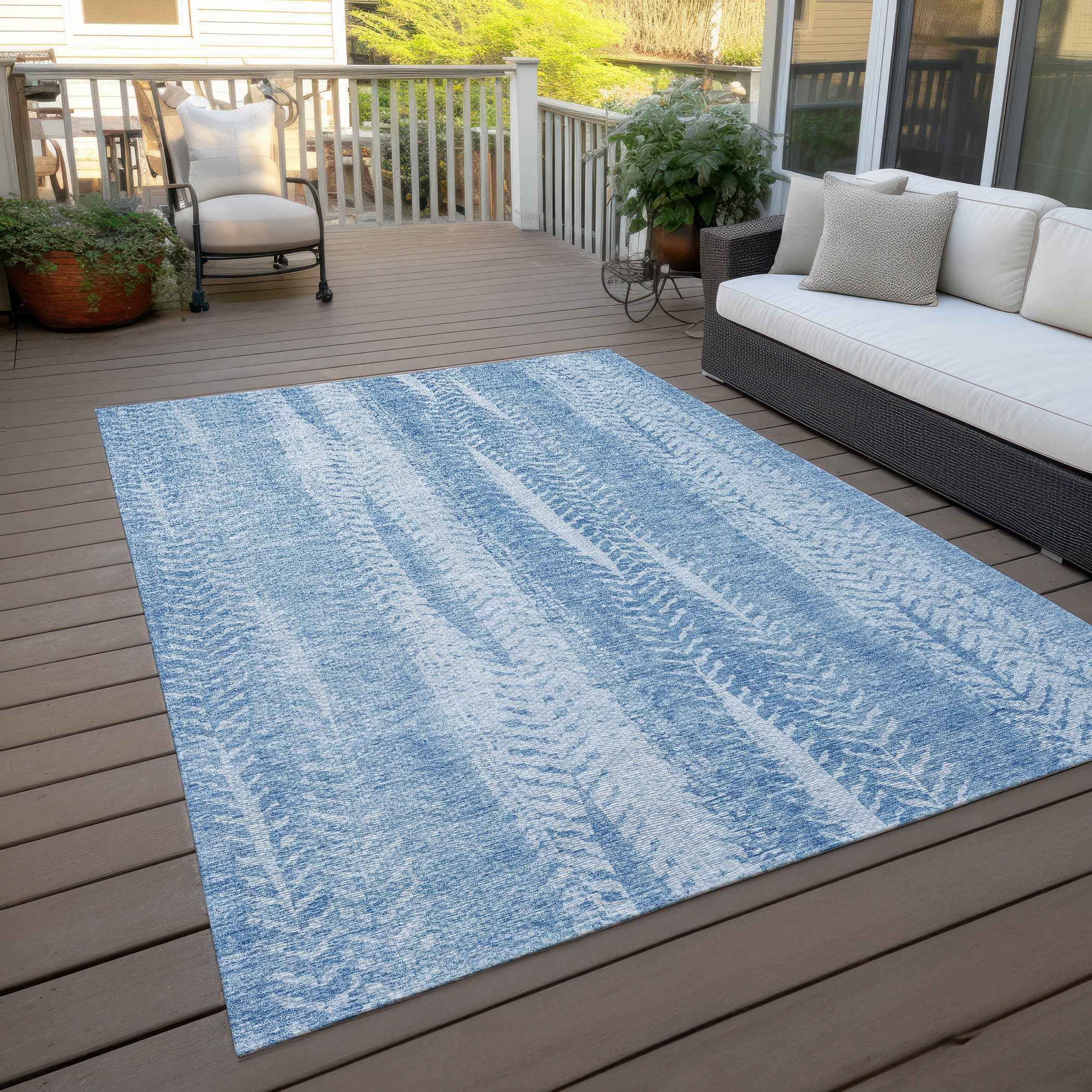 5' X 8' Sky Blue And Denim Blue Botanical Leaves Washable Indoor Outdoor Area Rug