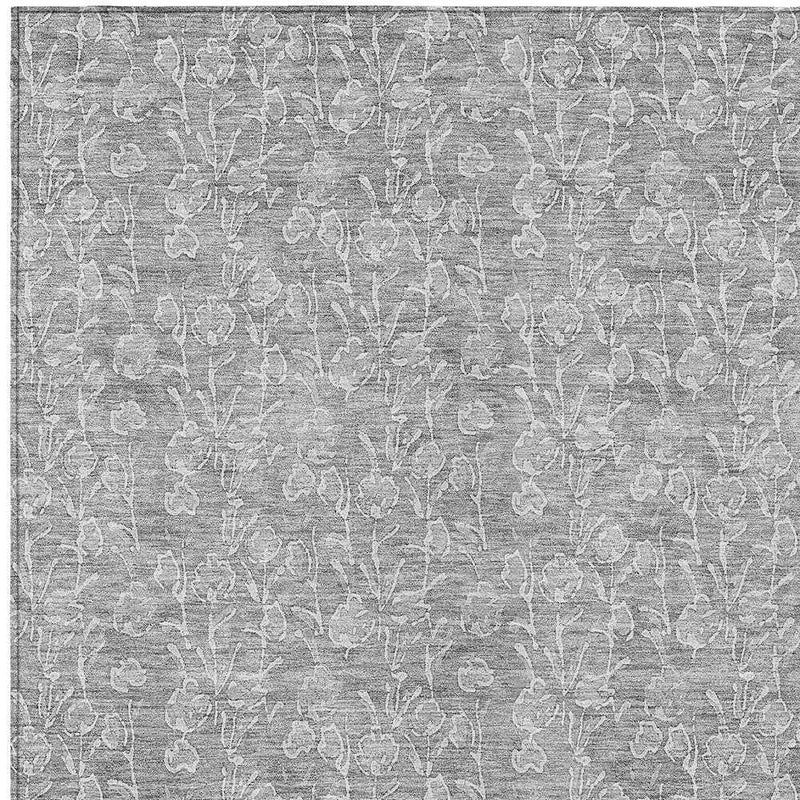 10' X 14' Silver And Ivory Floral Washable Indoor Outdoor Area Rug
