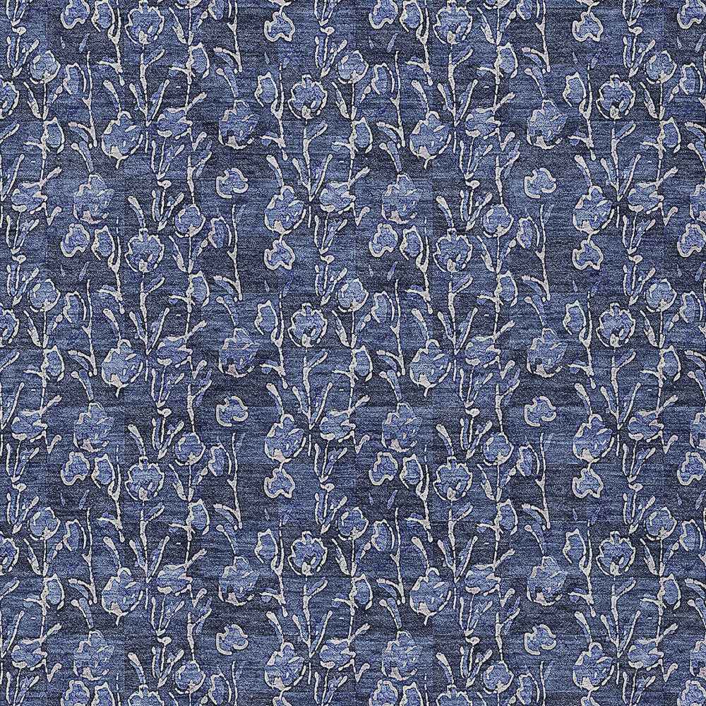 5' X 8' Navy Blue Denim Blue And Ivory Floral Washable Indoor Outdoor Area Rug