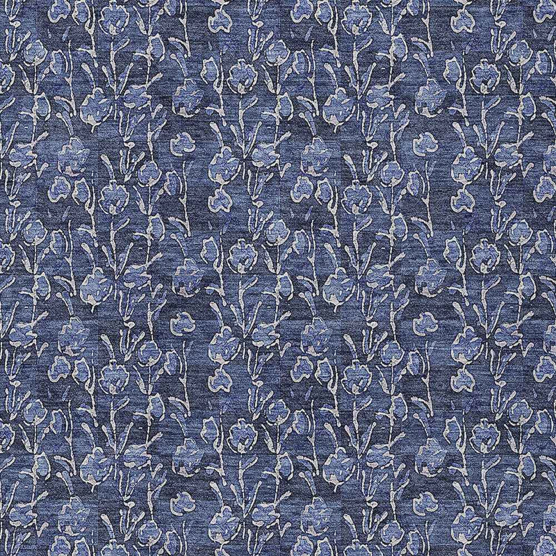 5' X 8' Navy Blue Denim Blue And Ivory Floral Washable Indoor Outdoor Area Rug
