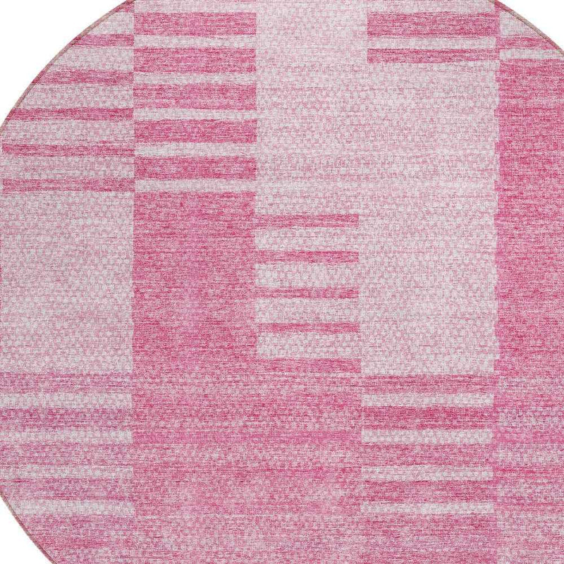 8' Pink And Blush Round Striped Washable Indoor Outdoor Area Rug