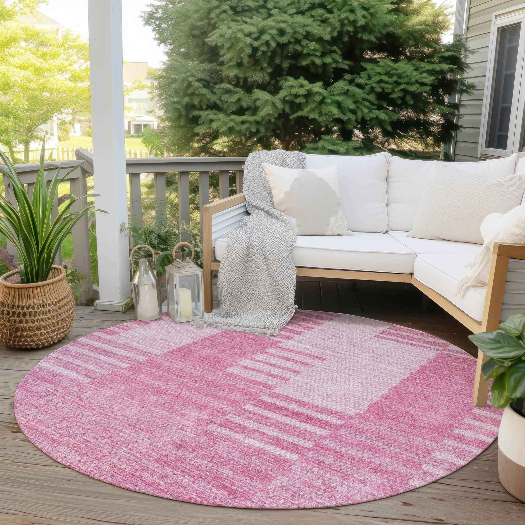 8' Pink And Blush Round Striped Washable Indoor Outdoor Area Rug