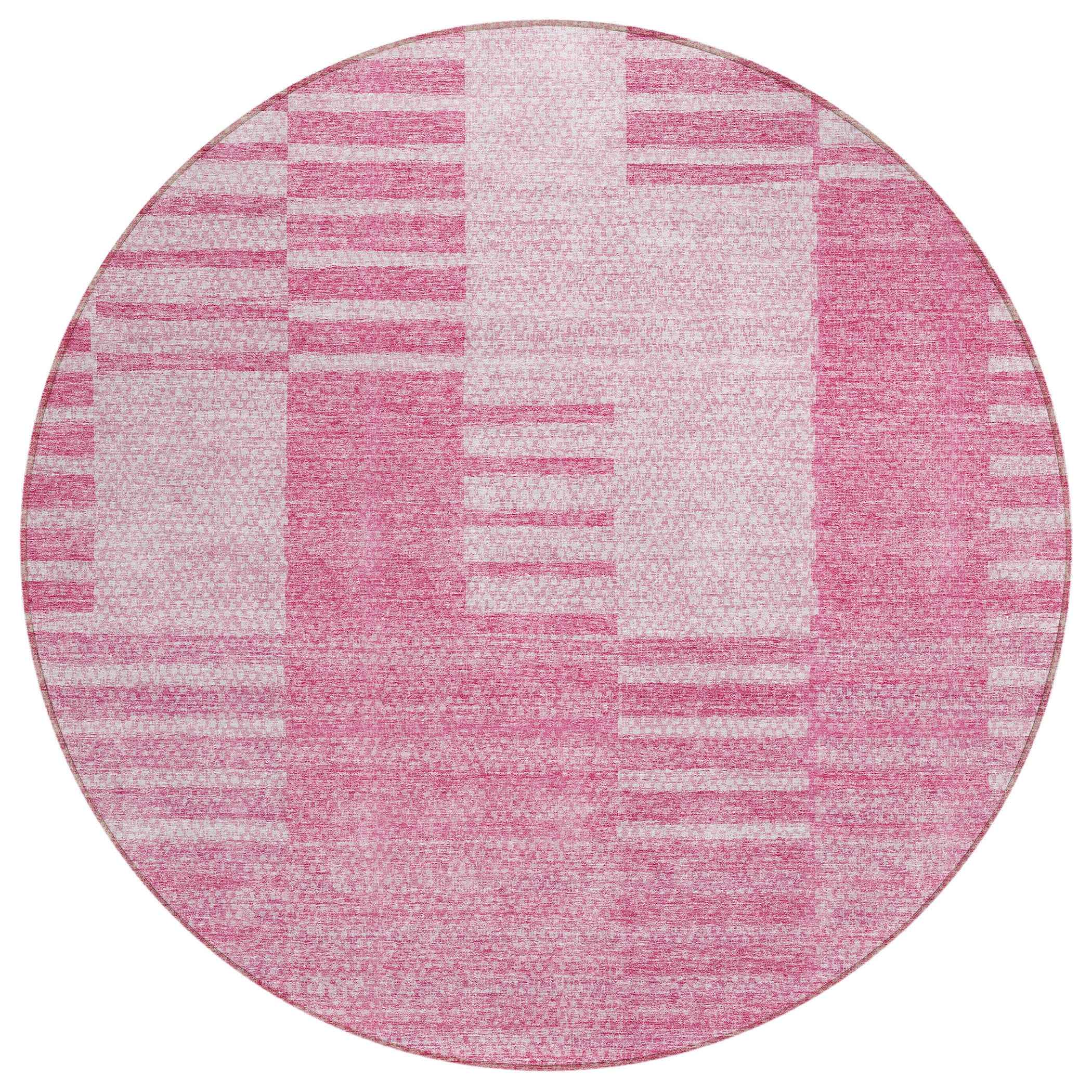 8' Pink And Blush Round Striped Washable Indoor Outdoor Area Rug
