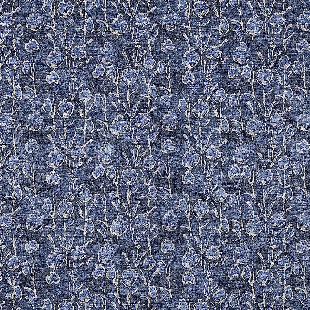 3' X 5' Navy Blue Denim Blue And Ivory Floral Washable Indoor Outdoor Area Rug