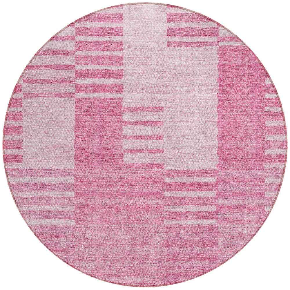8' Pink And Blush Round Striped Washable Indoor Outdoor Area Rug