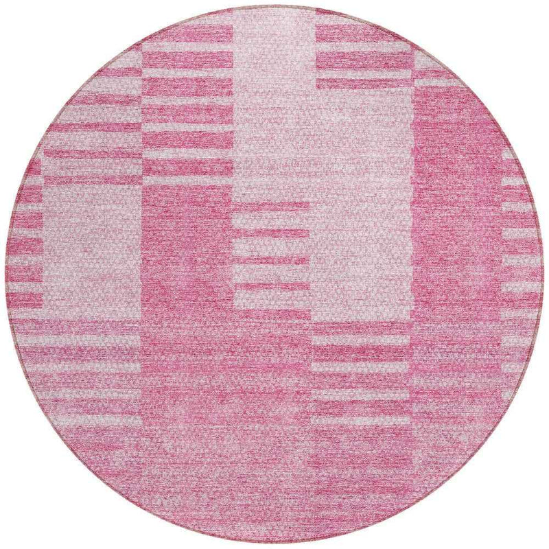 8' Pink And Blush Round Striped Washable Indoor Outdoor Area Rug