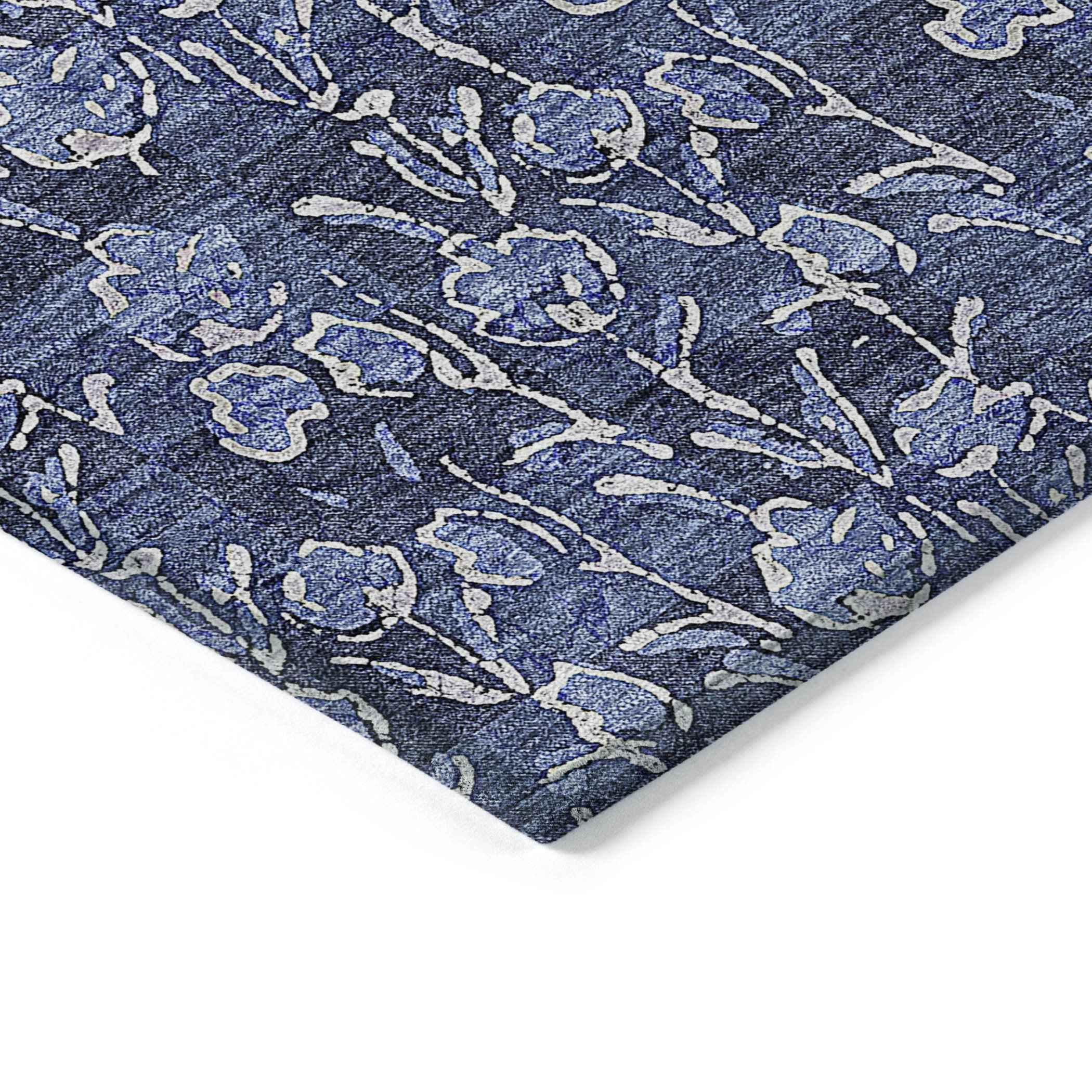 3' X 5' Navy Blue Denim Blue And Ivory Floral Washable Indoor Outdoor Area Rug
