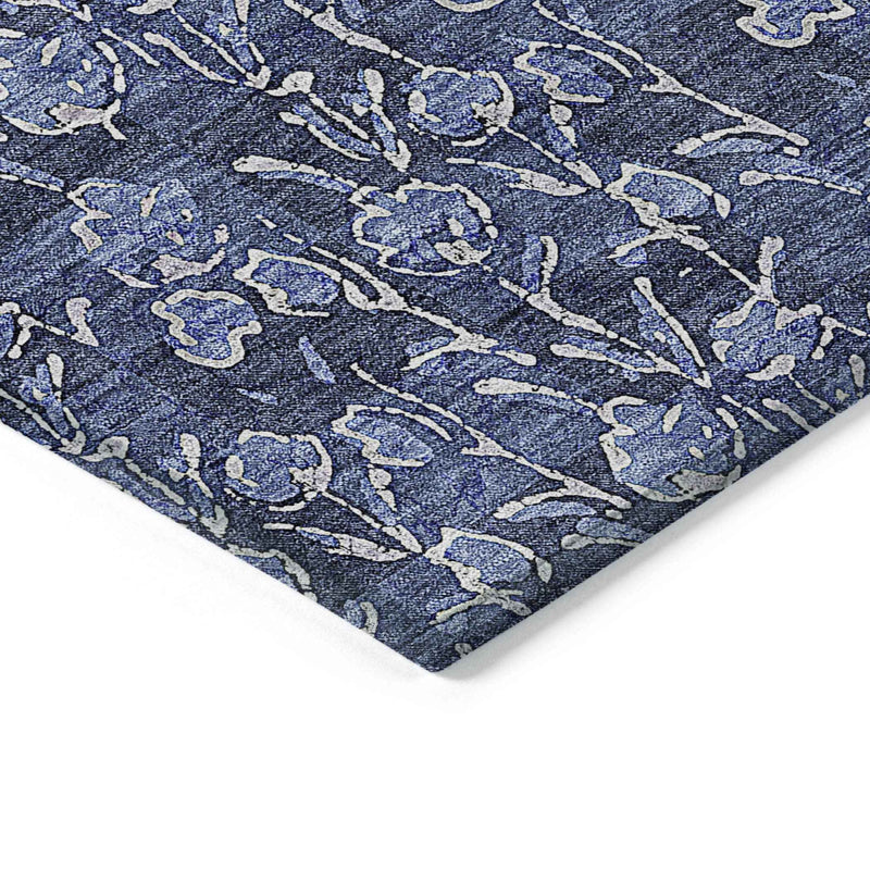 3' X 5' Navy Blue Denim Blue And Ivory Floral Washable Indoor Outdoor Area Rug