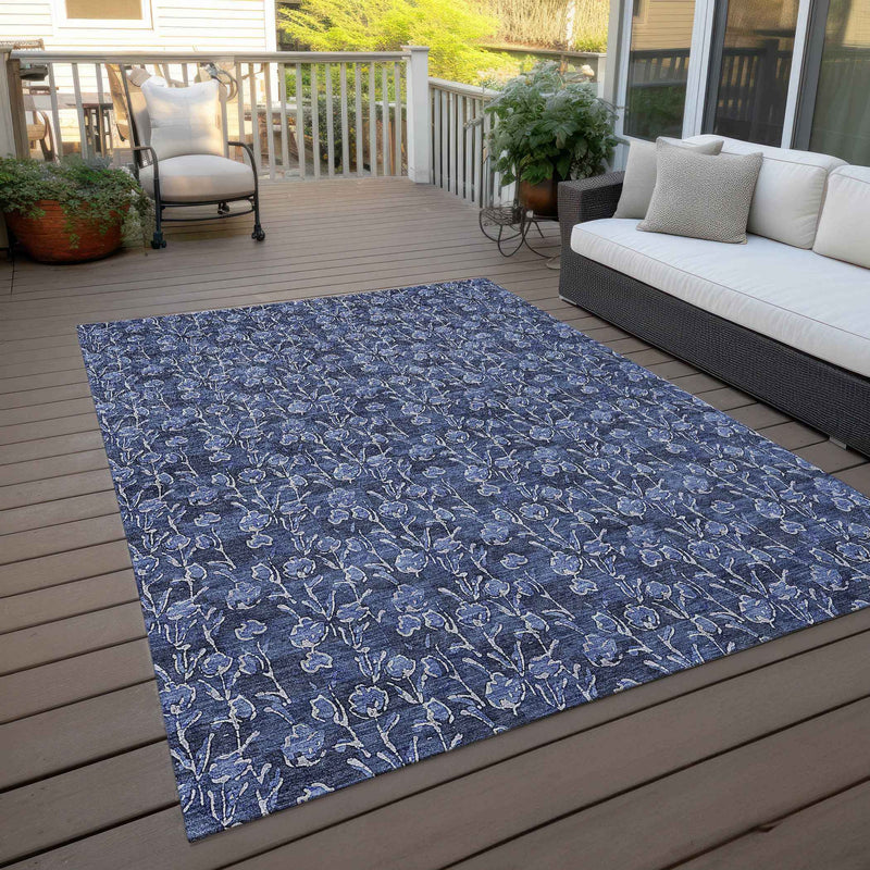 3' X 5' Navy Blue Denim Blue And Ivory Floral Washable Indoor Outdoor Area Rug