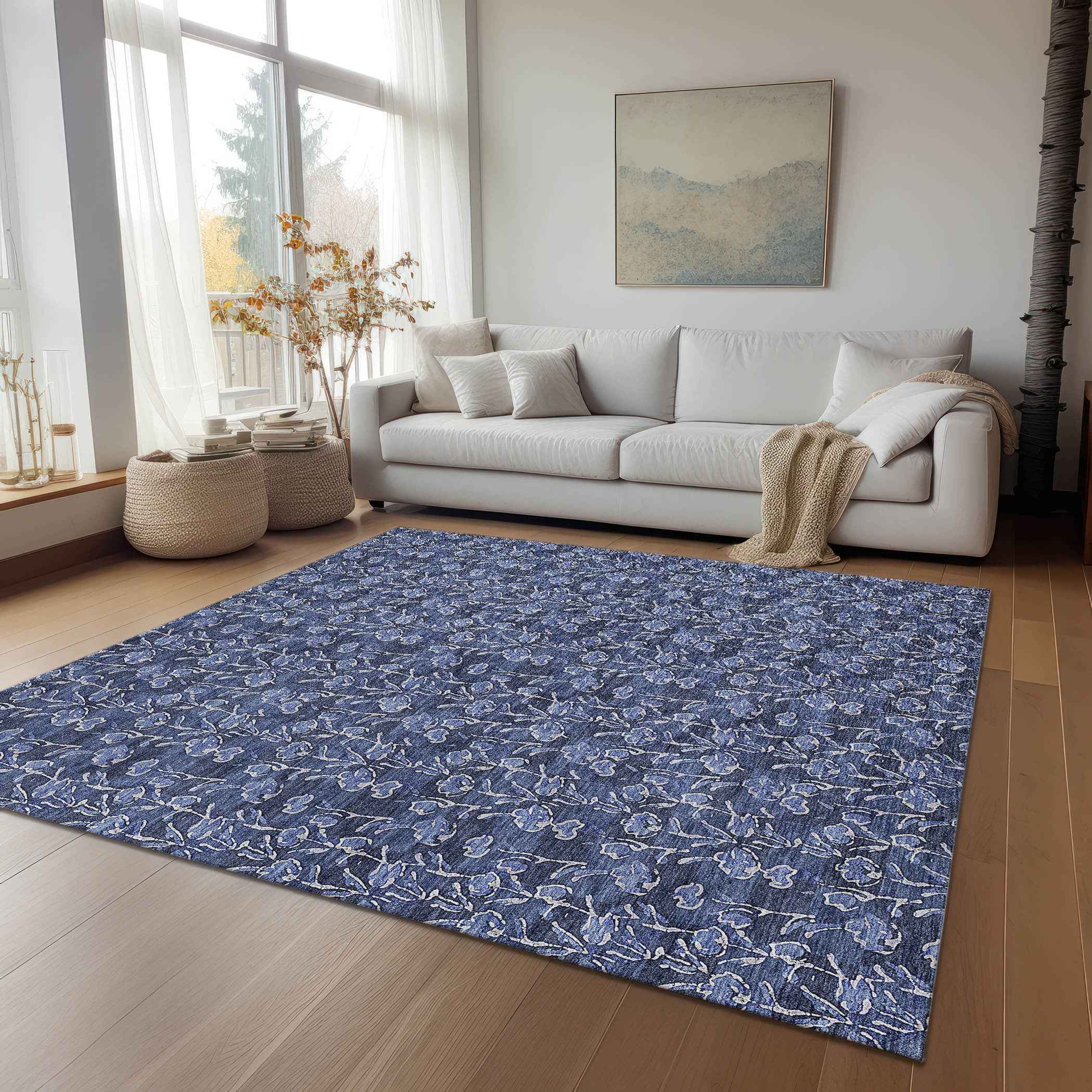 3' X 5' Navy Blue Denim Blue And Ivory Floral Washable Indoor Outdoor Area Rug