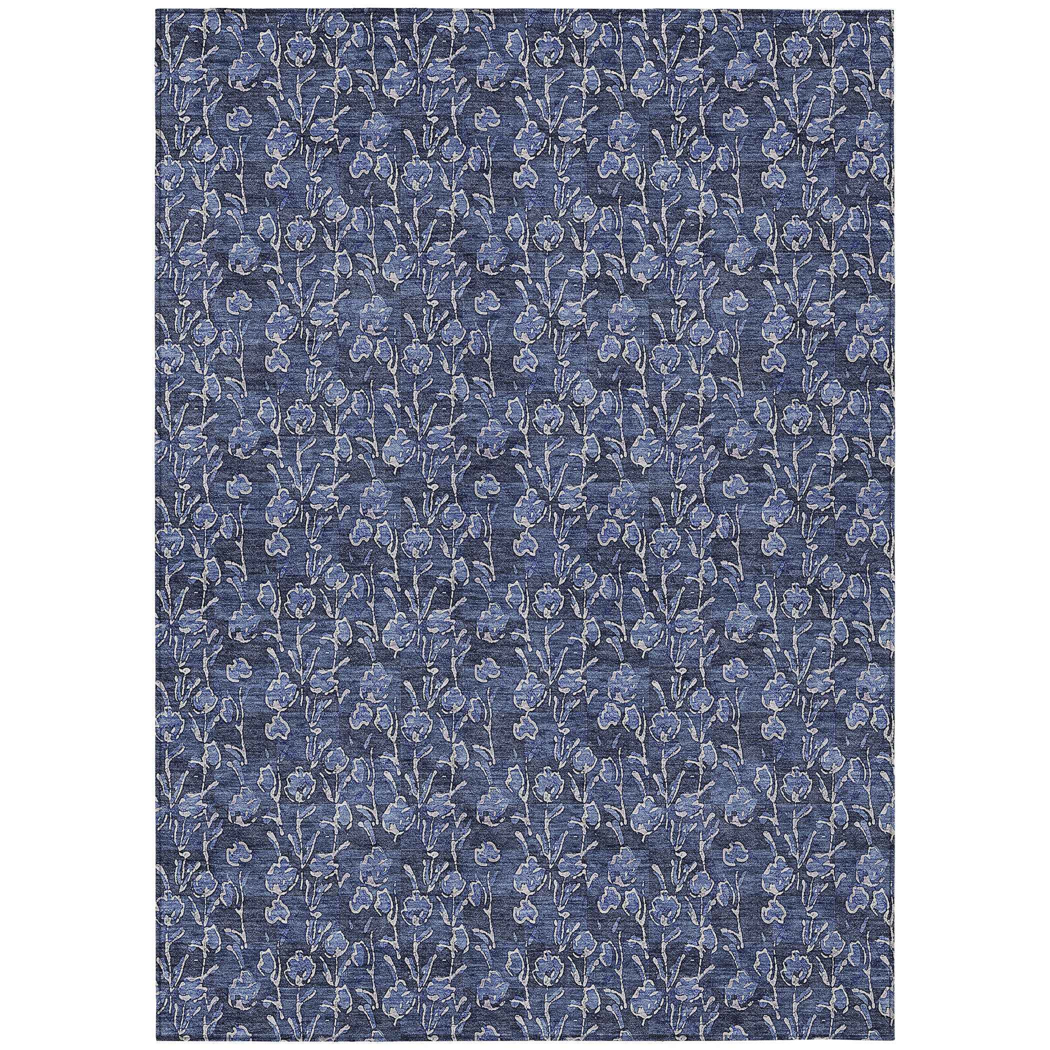 3' X 5' Navy Blue Denim Blue And Ivory Floral Washable Indoor Outdoor Area Rug