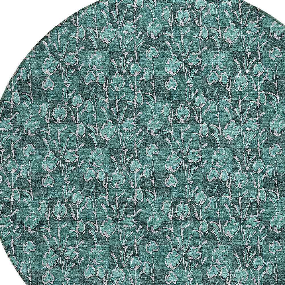 8' Teal Blue Aqua And Ivory Round Floral Washable Indoor Outdoor Area Rug