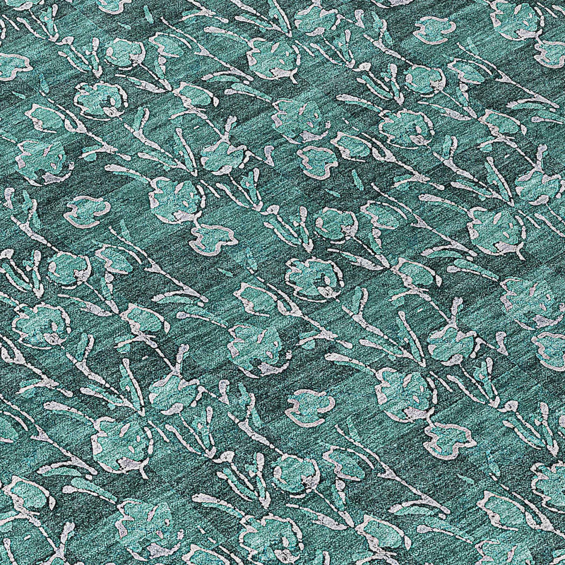 8' Teal Blue Aqua And Ivory Round Floral Washable Indoor Outdoor Area Rug