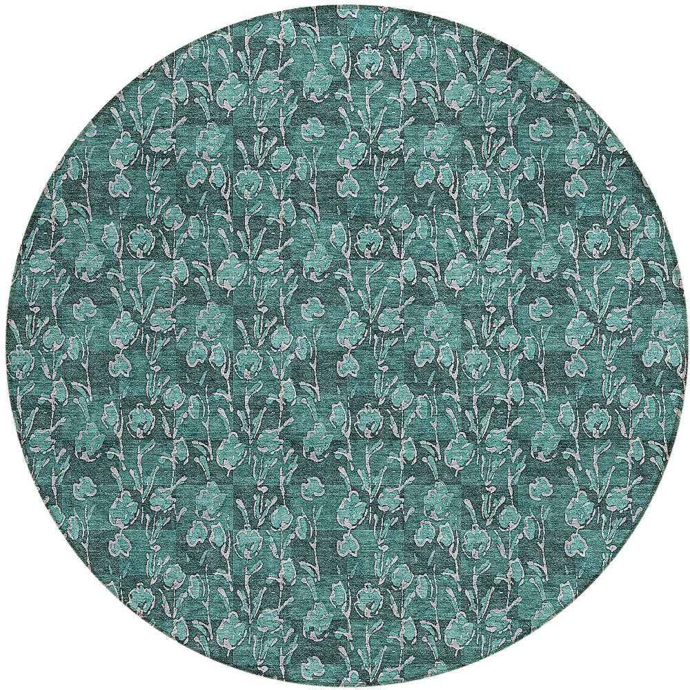 8' Teal Blue Aqua And Ivory Round Floral Washable Indoor Outdoor Area Rug