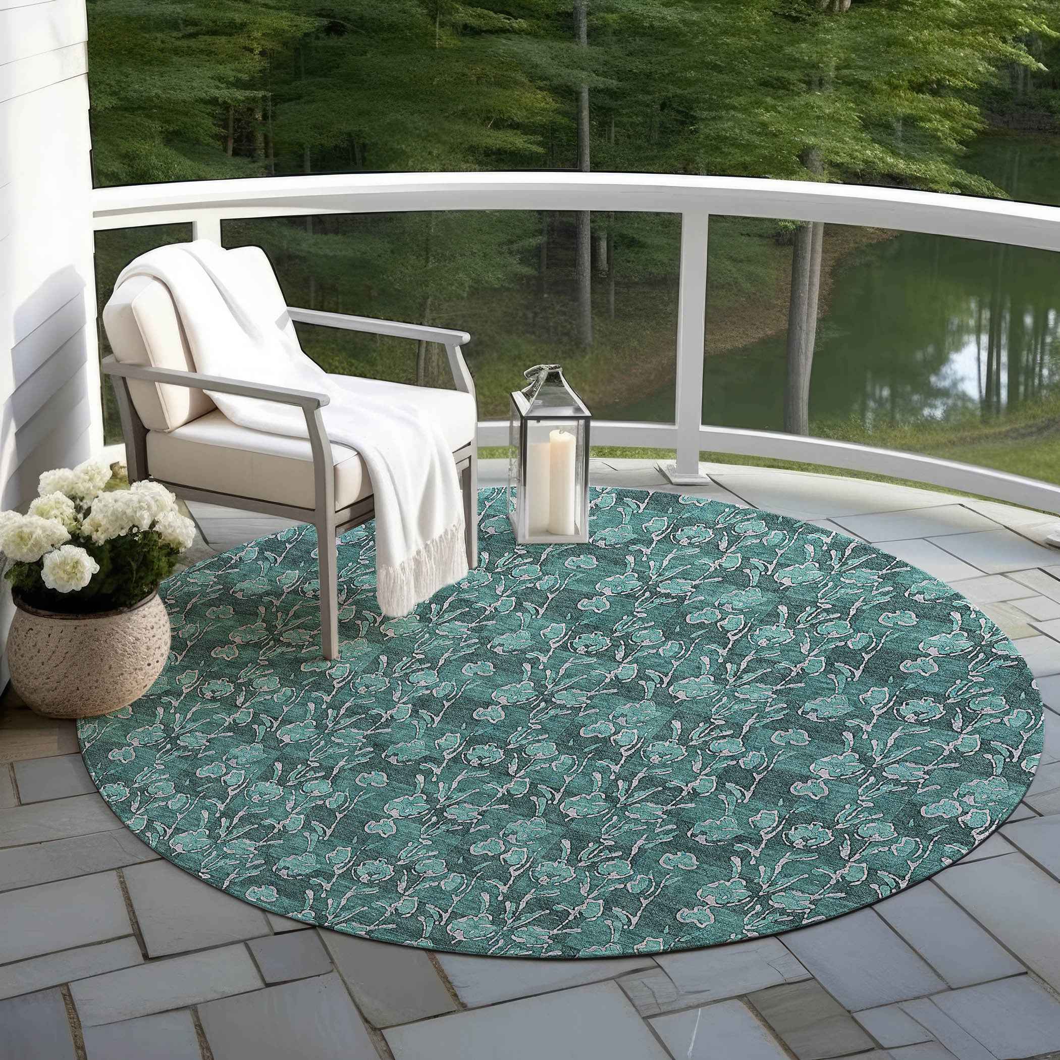 8' Teal Blue Aqua And Ivory Round Floral Washable Indoor Outdoor Area Rug