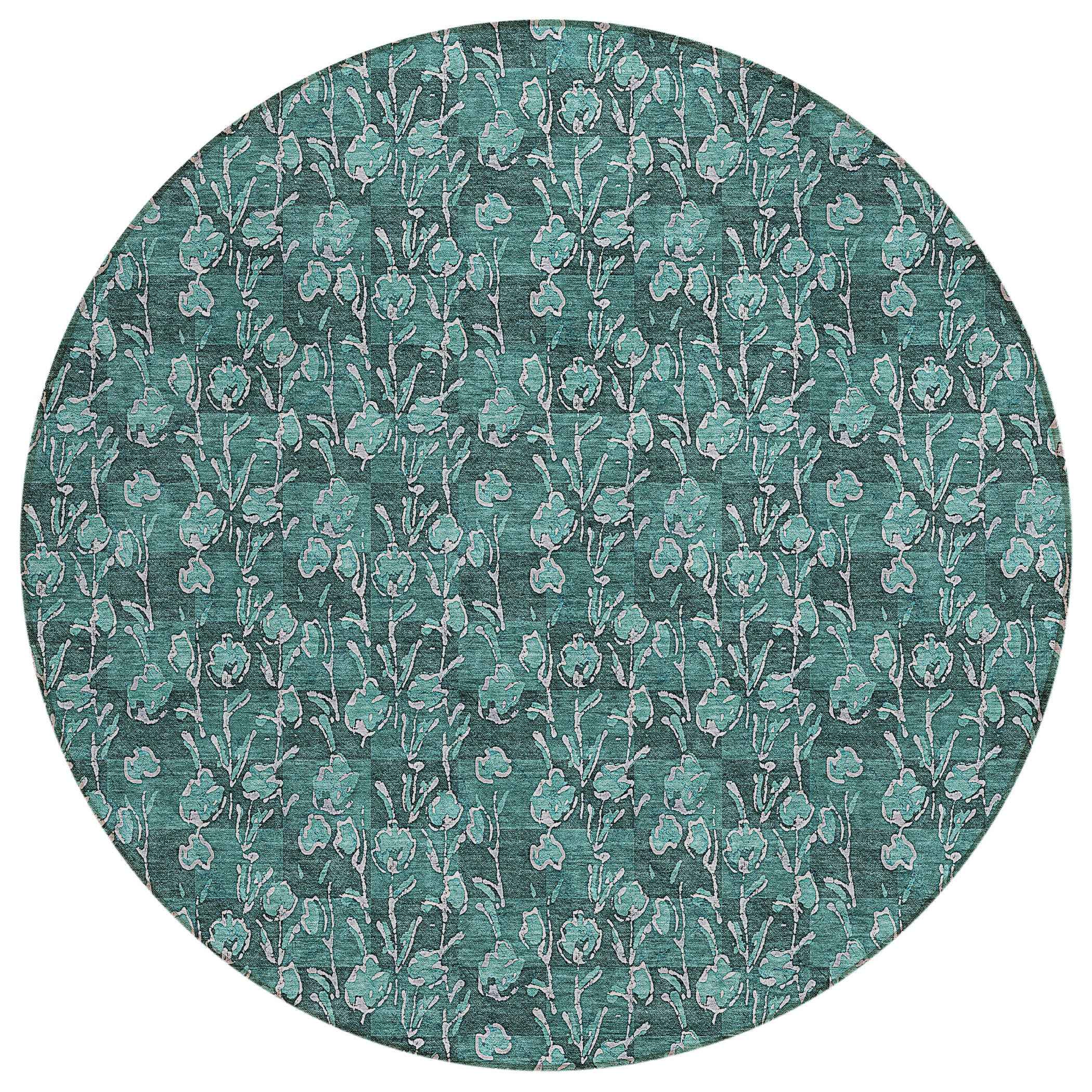 8' Teal Blue Aqua And Ivory Round Floral Washable Indoor Outdoor Area Rug