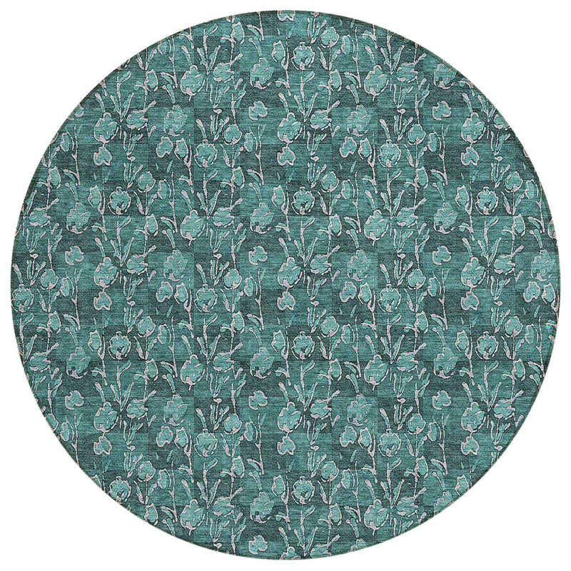 8' Teal Blue Aqua And Ivory Round Floral Washable Indoor Outdoor Area Rug