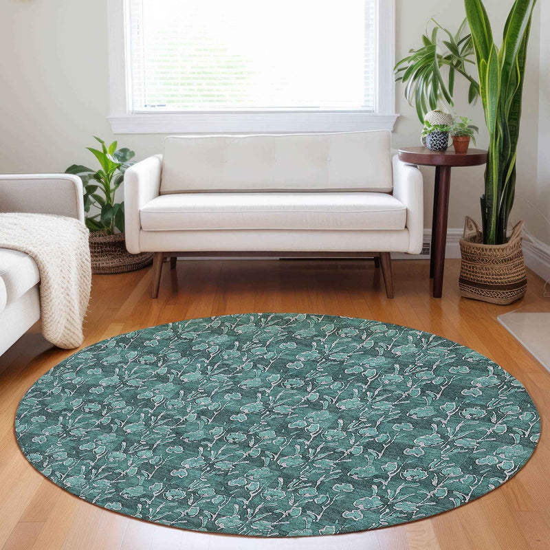 8' Teal Blue Aqua And Ivory Round Floral Washable Indoor Outdoor Area Rug