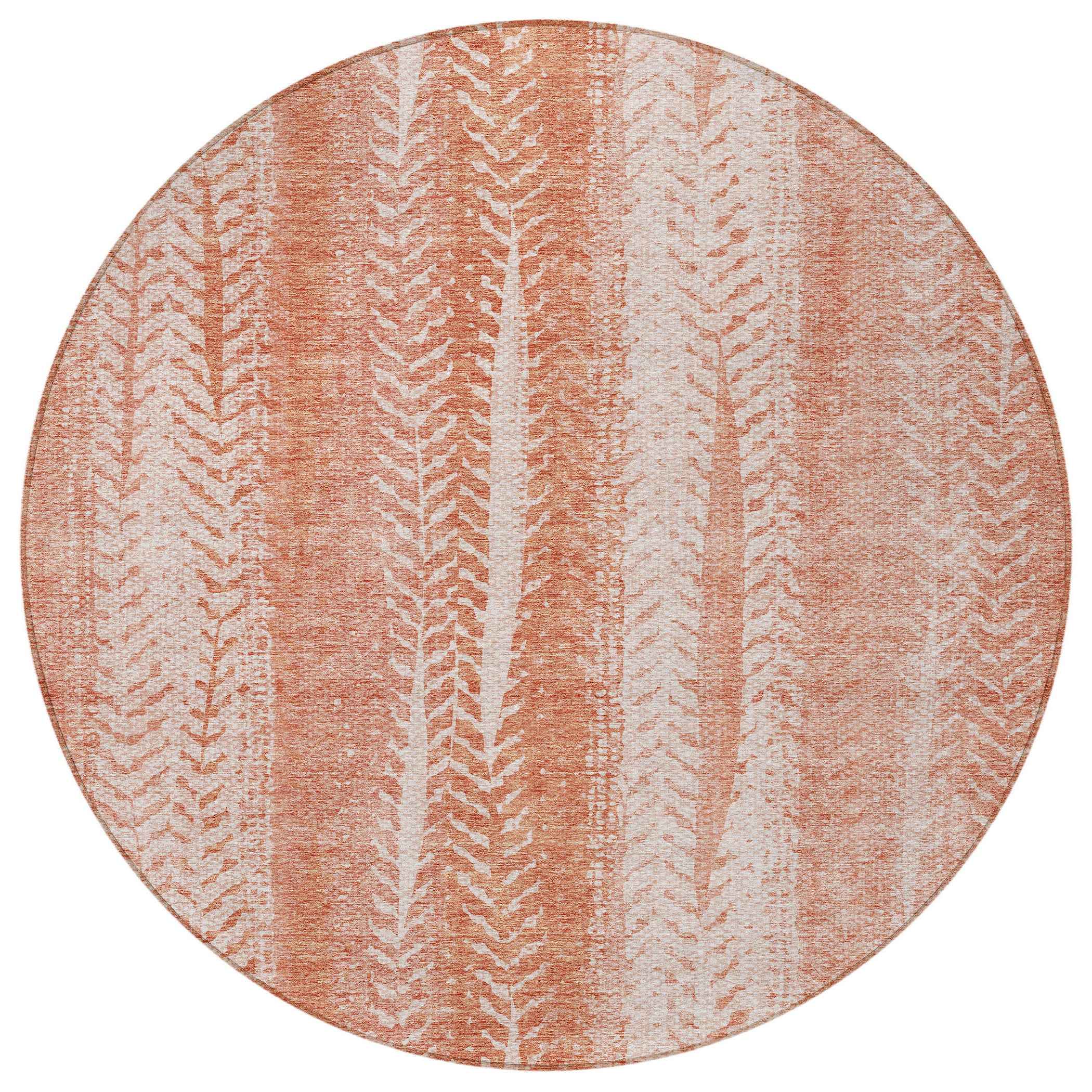 8' Orange And Salmon Round Botanical Leaves Washable Indoor Outdoor Area Rug