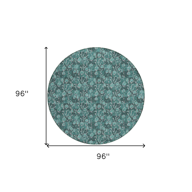 8' Teal Blue Aqua And Ivory Round Floral Washable Indoor Outdoor Area Rug