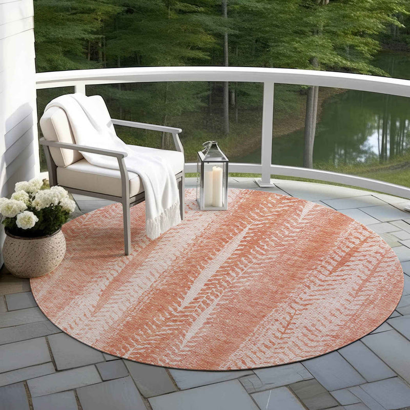 8' Orange And Salmon Round Botanical Leaves Washable Indoor Outdoor Area Rug
