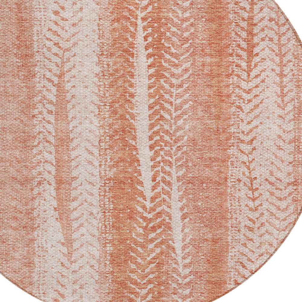 8' Orange And Salmon Round Botanical Leaves Washable Indoor Outdoor Area Rug