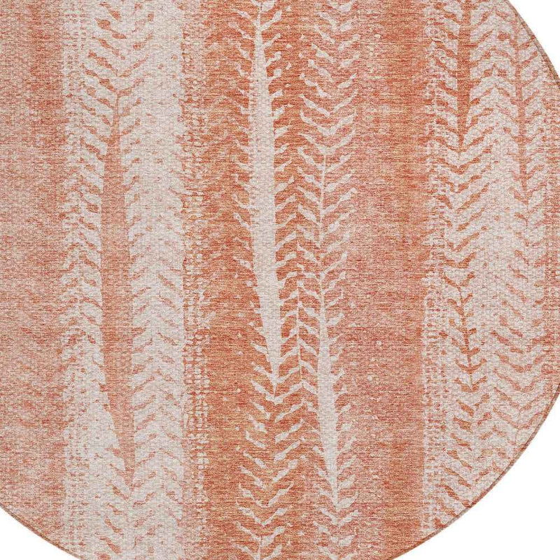 8' Orange And Salmon Round Botanical Leaves Washable Indoor Outdoor Area Rug