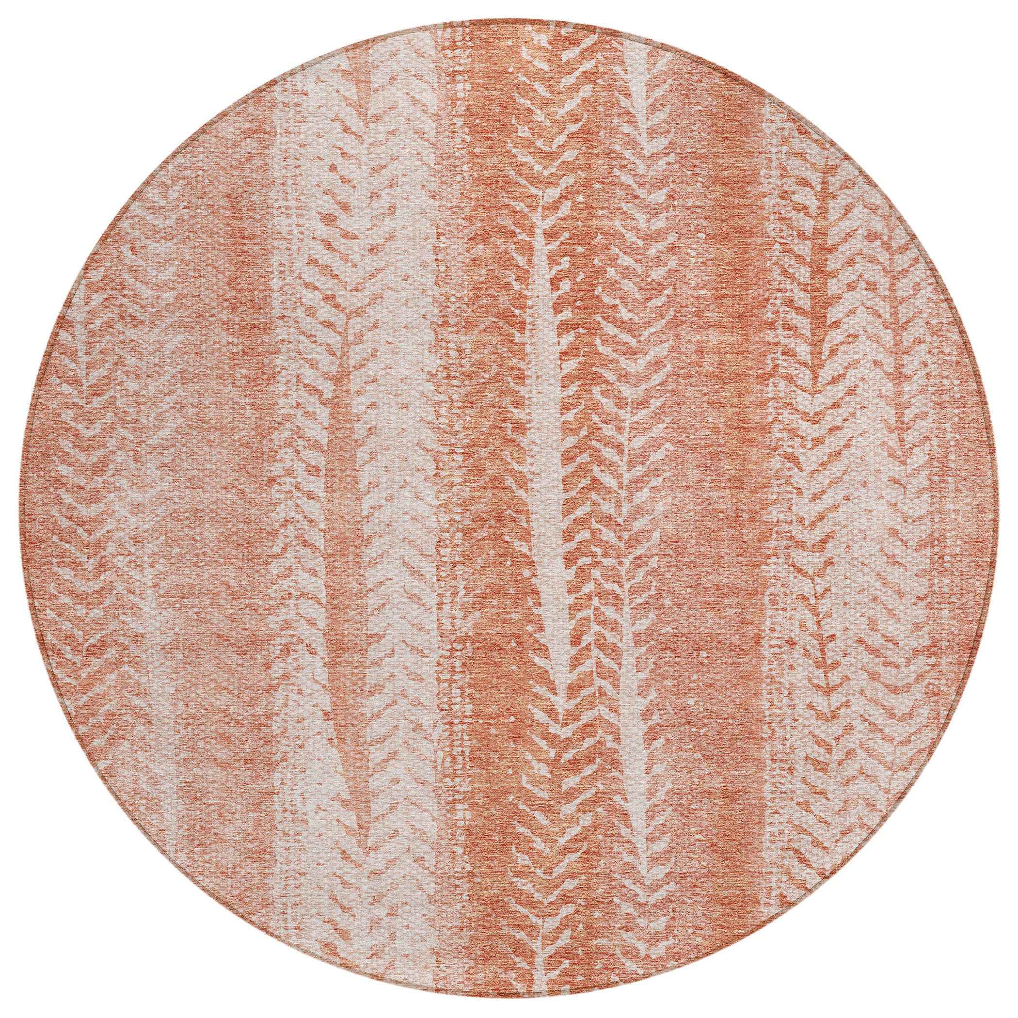 8' Orange And Salmon Round Botanical Leaves Washable Indoor Outdoor Area Rug