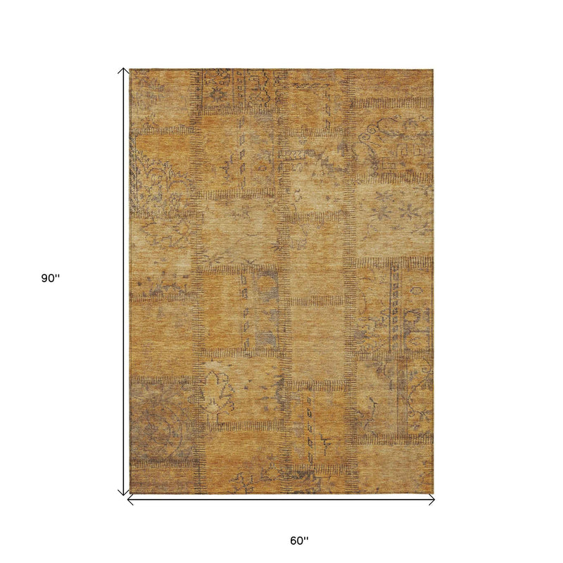 5' X 8' Peach Gray And Charcoal Patchwork Washable Indoor Outdoor Area Rug
