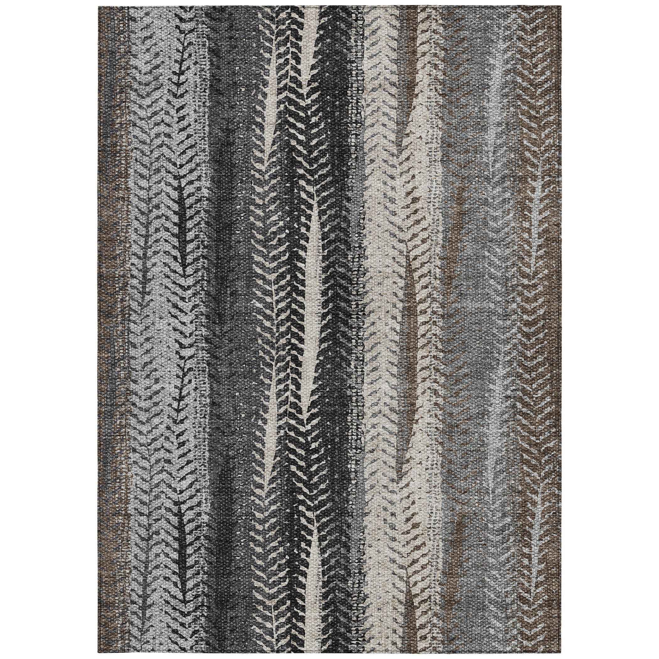 9' X 12' Brown Gray And Ivory Botanical Leaves Washable Indoor Outdoor Area Rug