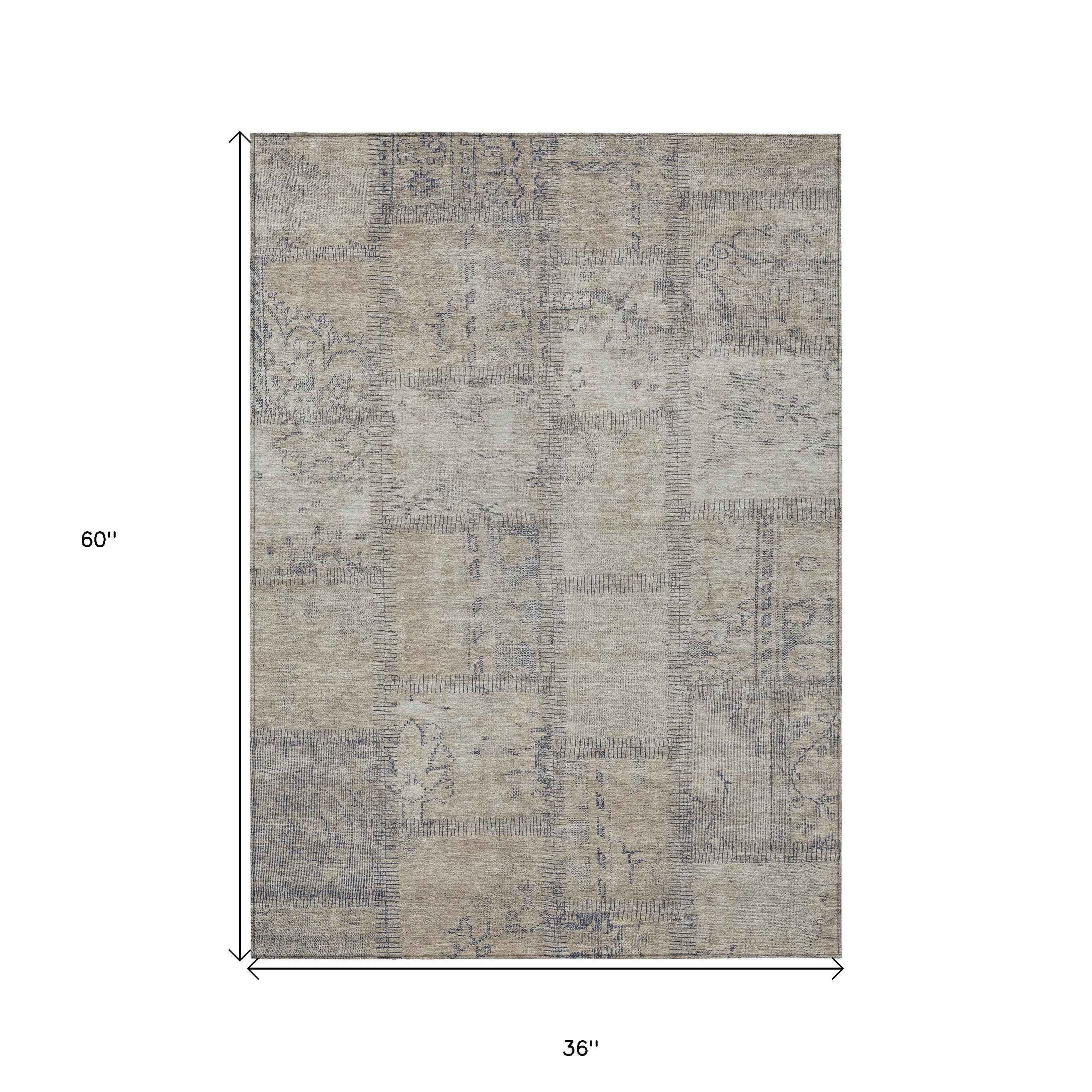 3' X 5' Beige Taupe And Brown Patchwork Washable Indoor Outdoor Area Rug