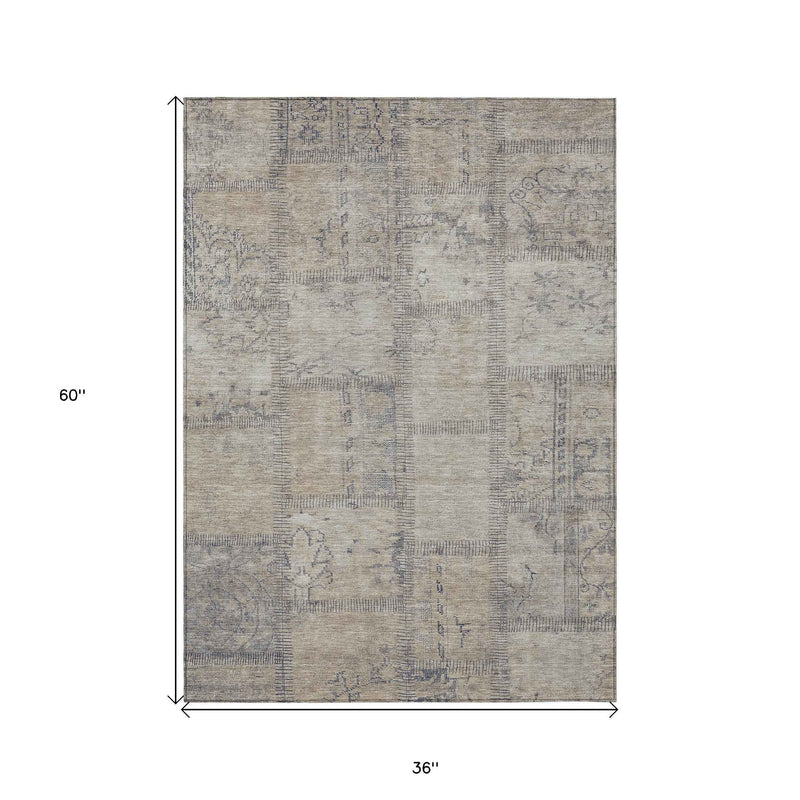 3' X 5' Beige Taupe And Brown Patchwork Washable Indoor Outdoor Area Rug