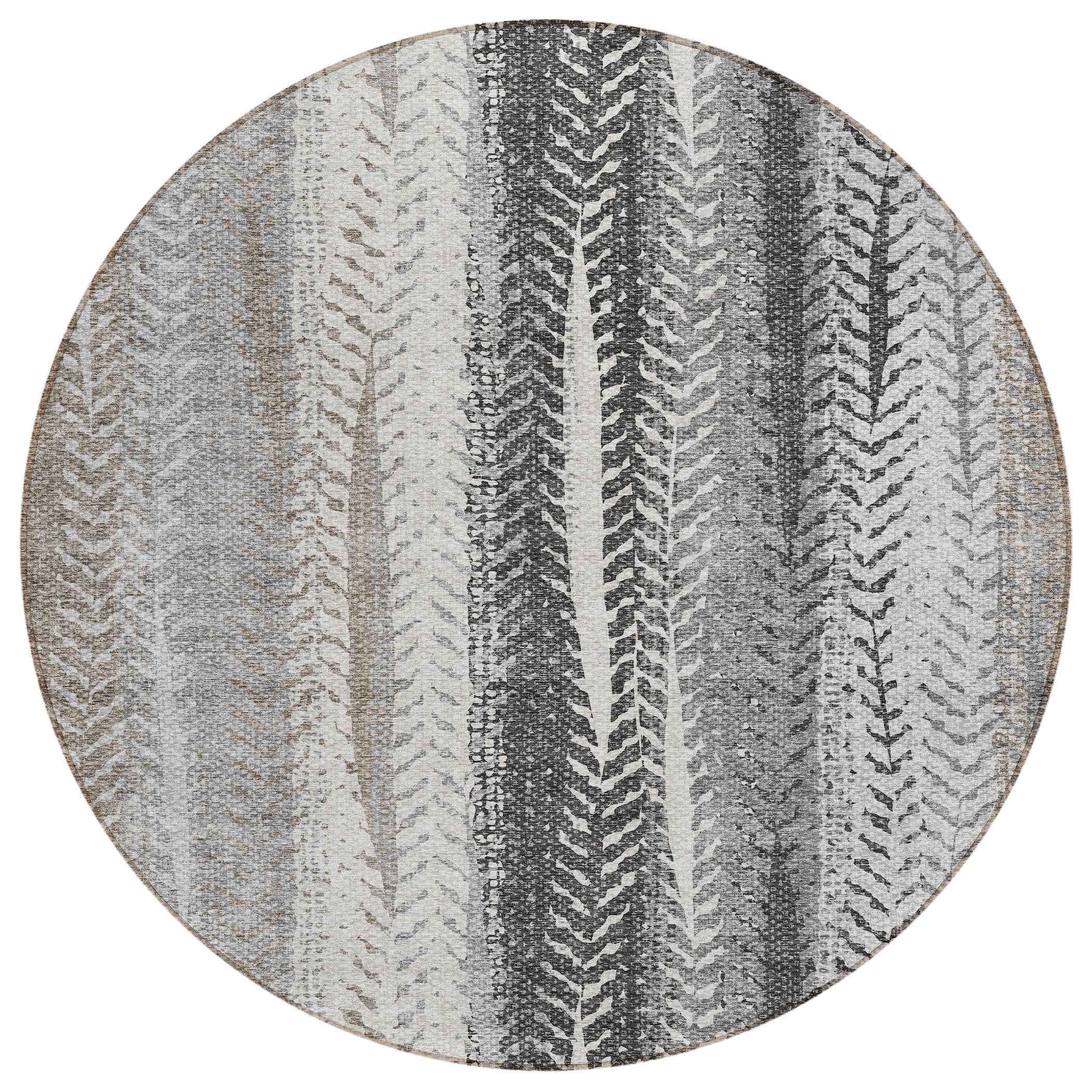 8' Khaki Ivory And Gray Round Botanical Leaves Washable Indoor Outdoor Area Rug