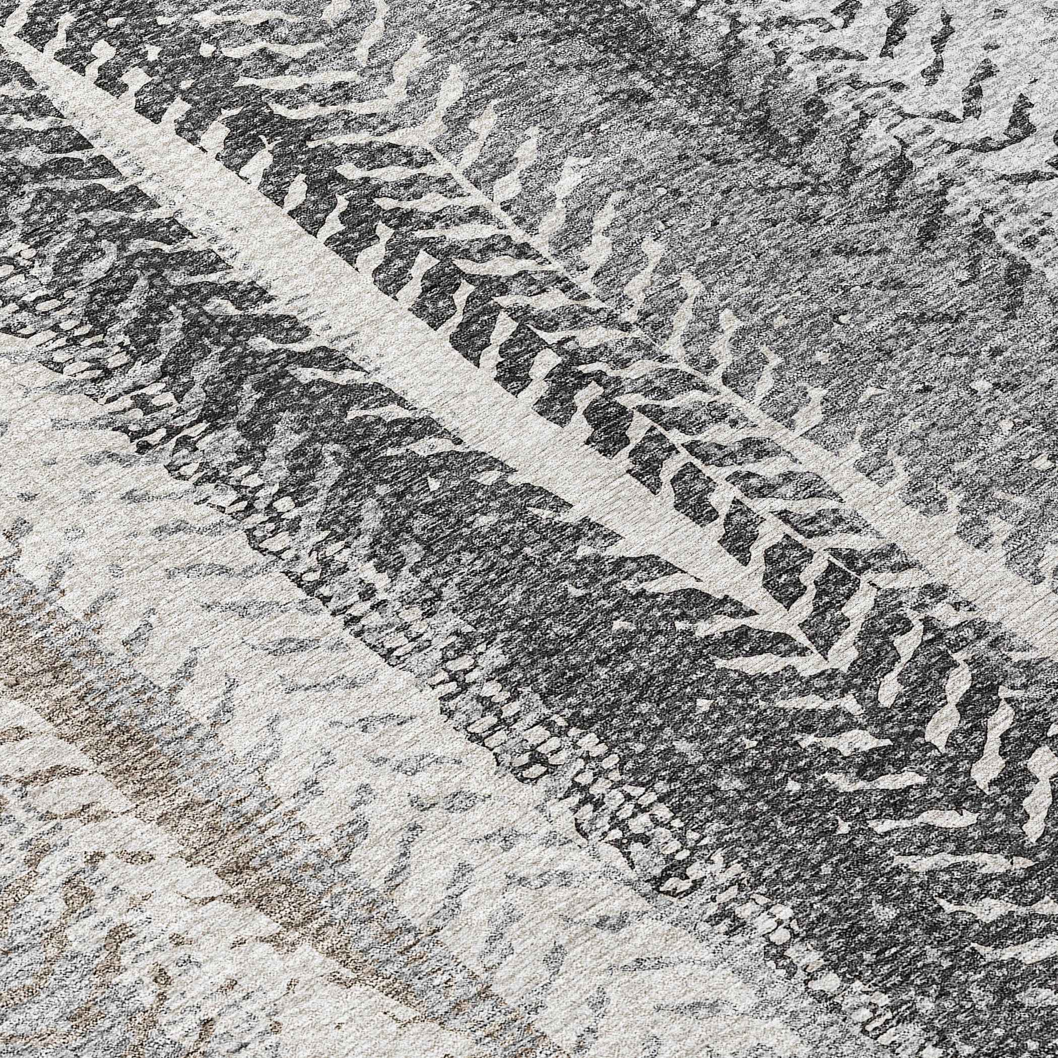 8' Khaki Ivory And Gray Round Botanical Leaves Washable Indoor Outdoor Area Rug