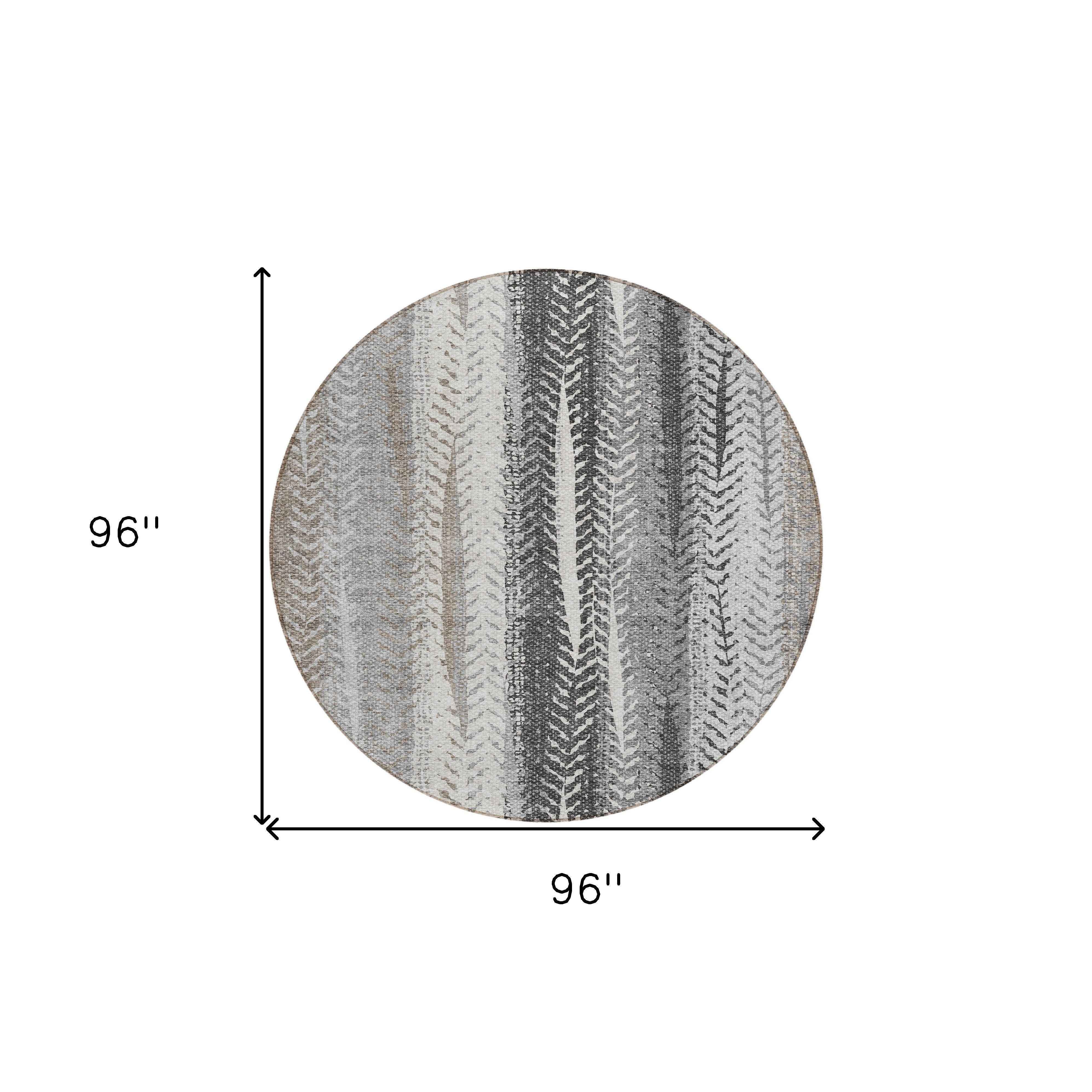 8' Khaki Ivory And Gray Round Botanical Leaves Washable Indoor Outdoor Area Rug