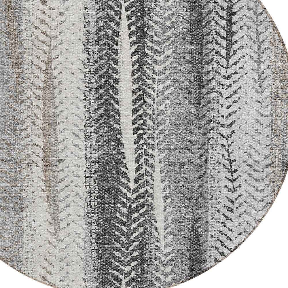 8' Khaki Ivory And Gray Round Botanical Leaves Washable Indoor Outdoor Area Rug